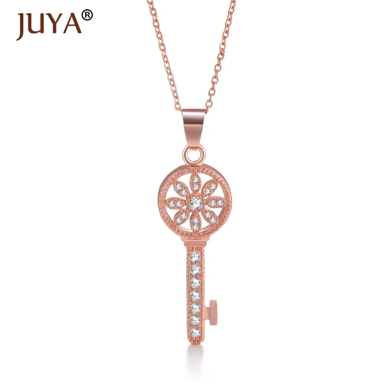 fashion statement necklaces for women Luxury Jewelry Copper Zircon Rhinestone Key Pendants Necklace Silver Femme - Metal Color: rose gold