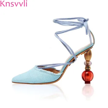 

Knsvvli new high heel sandals women pumps fashion cross tied runway shoes pointy toe denim crystal strange style heel shoes sexy