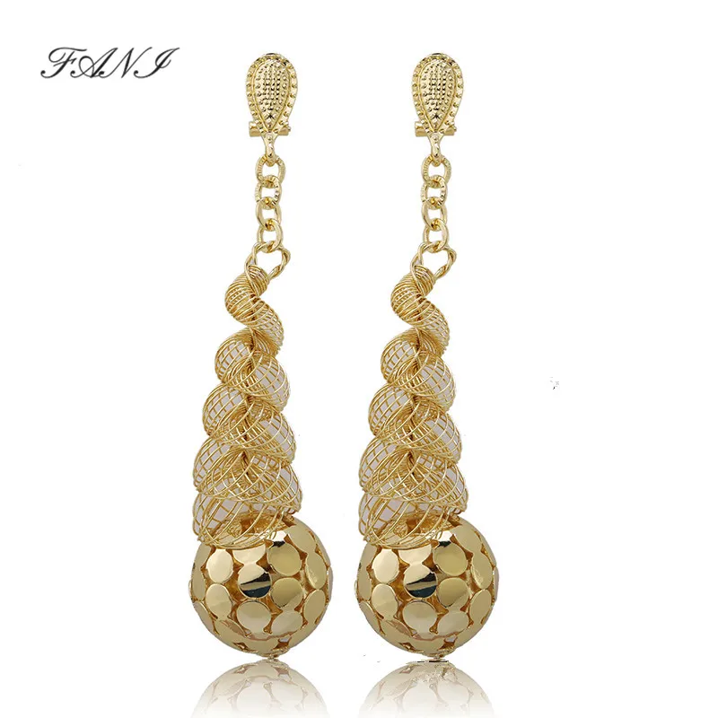 

Fani Dubai Gold Long Drop Dangle Earrings For Women Copper top Quality Geometric Cucurbit Temple Brazilian Drop Dangle Earrings
