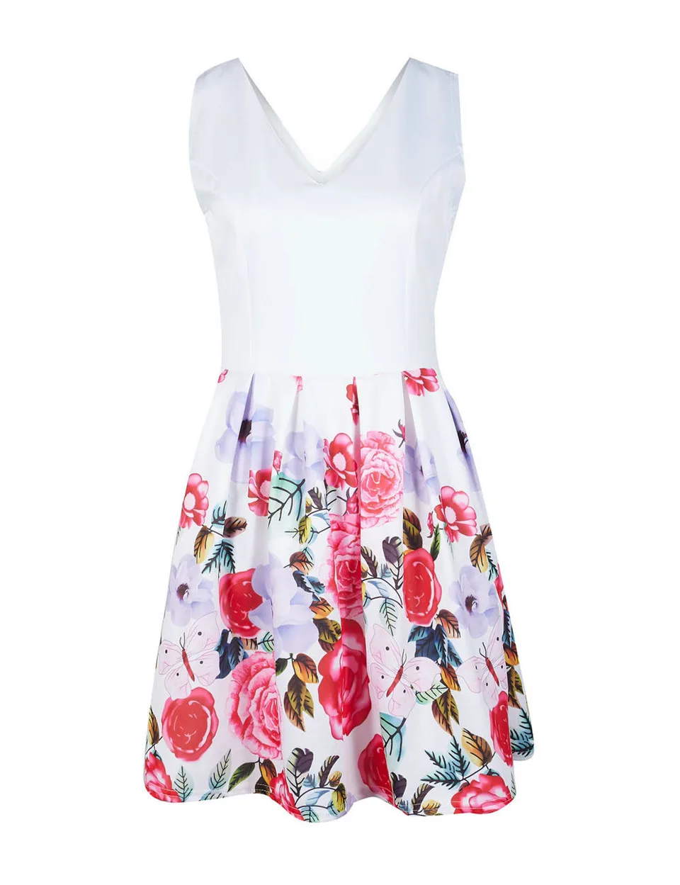 Women Summer Flower Printed A-Line Dress O-Neck/V-Neck Sleeveless Mini Dress Elegant Lady Steetwear Party Dress (Without Belt)