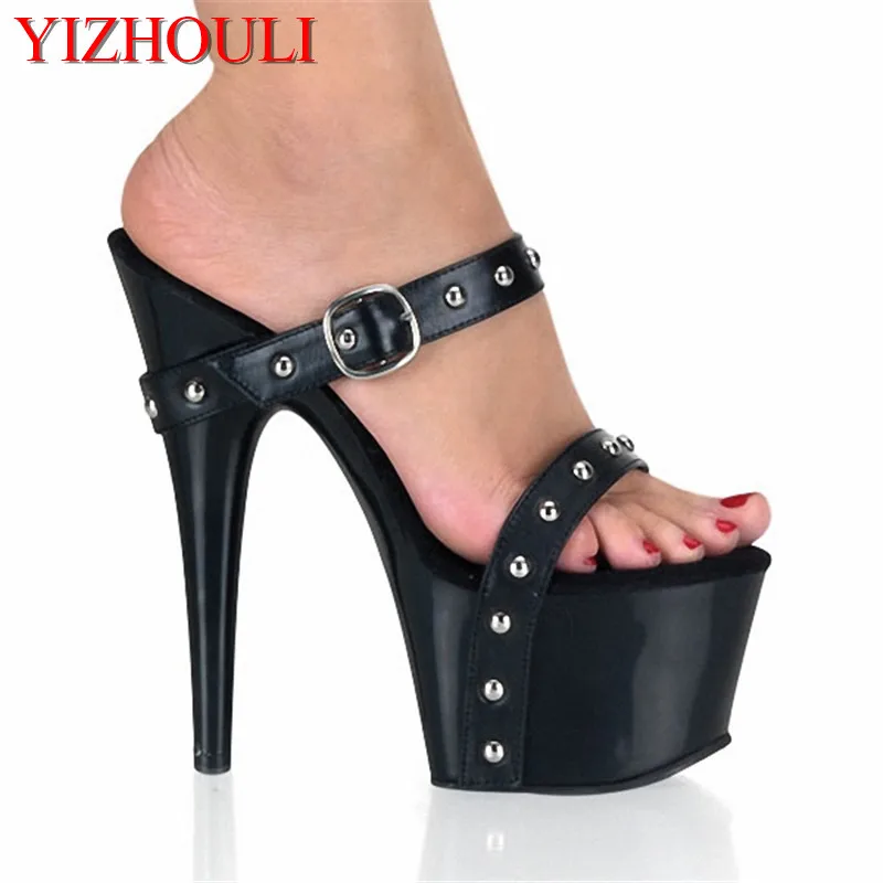 New High Platform Open Toe Wedges Shoes 7 Inch Rivets High-Heeled Shoes 17cm Sexy Fashion Slippers Hot Sale