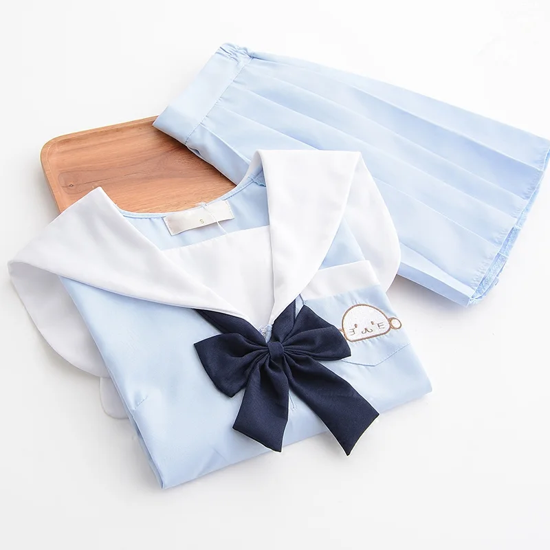 

Japanese Cute embroidery School Uniform For Girls Sailor Tops+Tie+Skirt Navy Style Students Clothes For Girl clothing