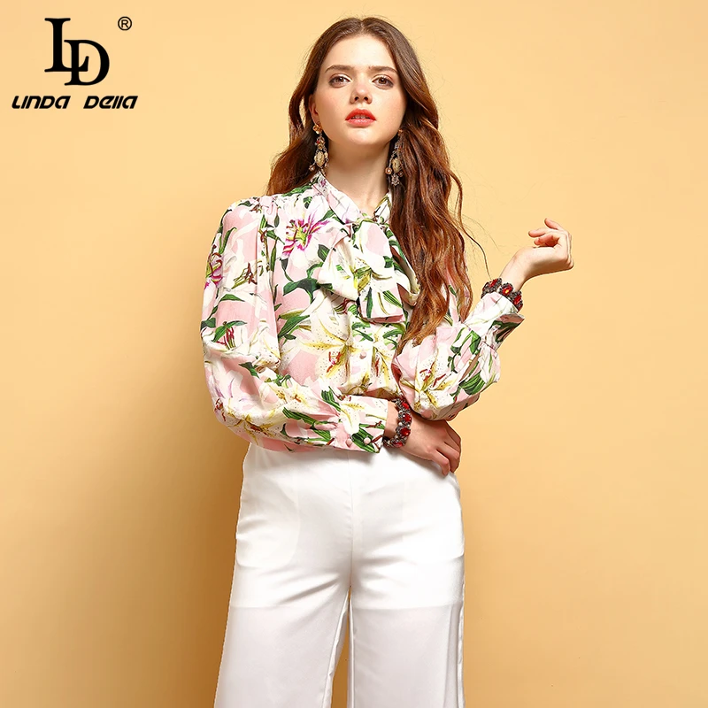

LD LINDA DELLA New 2019 Spring Fashion Vintage Tops Women's Long Sleeve Bow Tie Floral Printed Elegant Ladies Vacation T-shirt