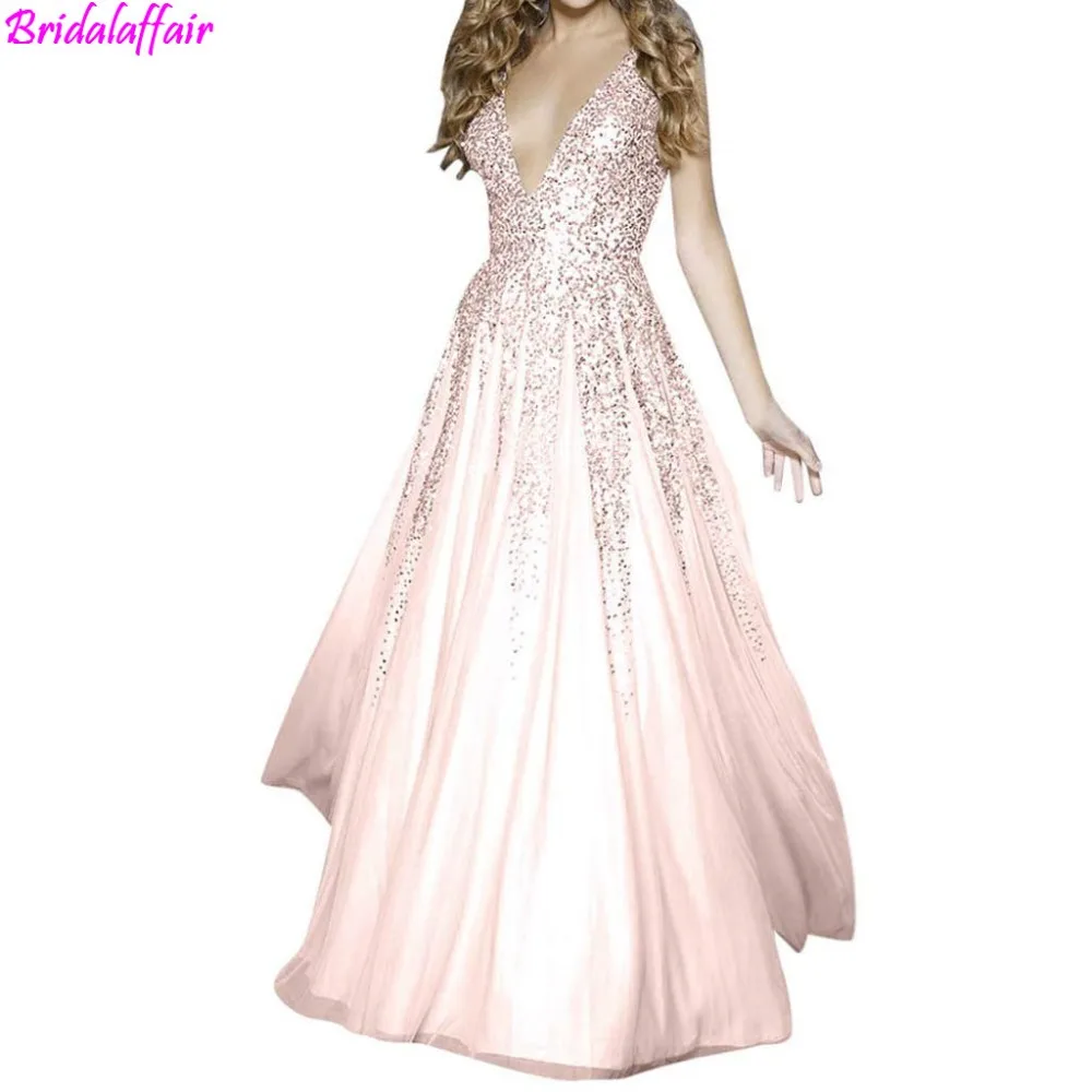 

Pink V-Neck Beads Bodice Open Back A Line Long Open fork Evening Dress Party Elegant Vestido De Festa Fast Shipping Prom Gowns