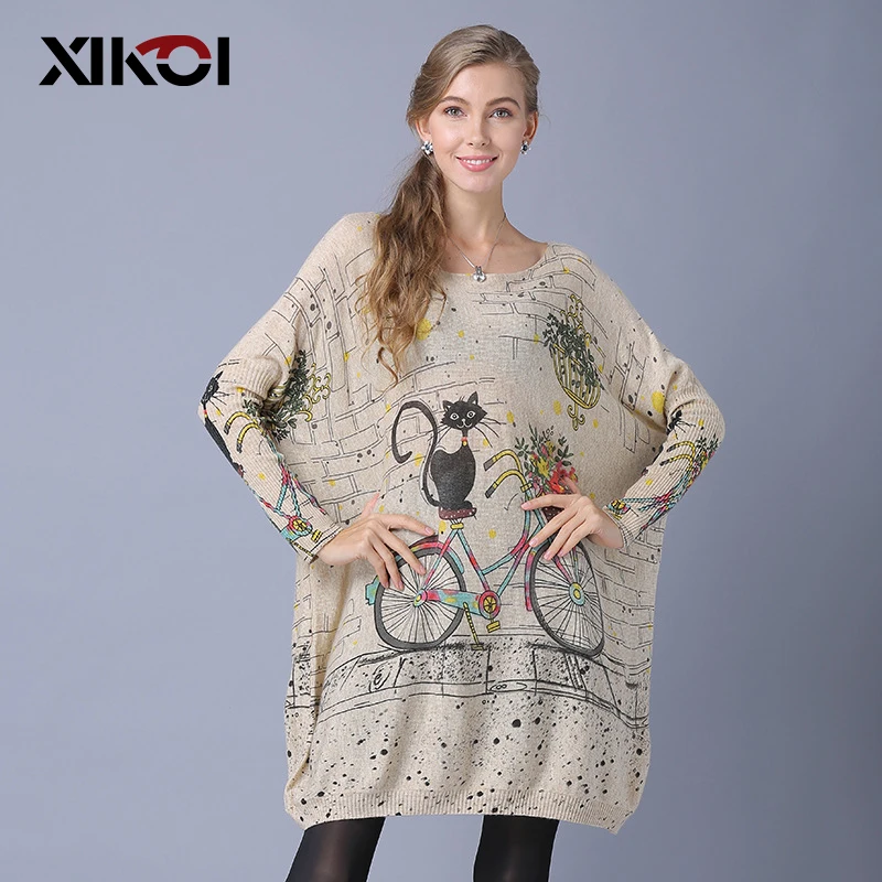 XIKOI الخريف أزياء النساء طويل فضفاض البلوزات كاملة كم القطع الرقبة القط طباعة محبوك سترة السيدات عارضة البلوفرات البلوزات