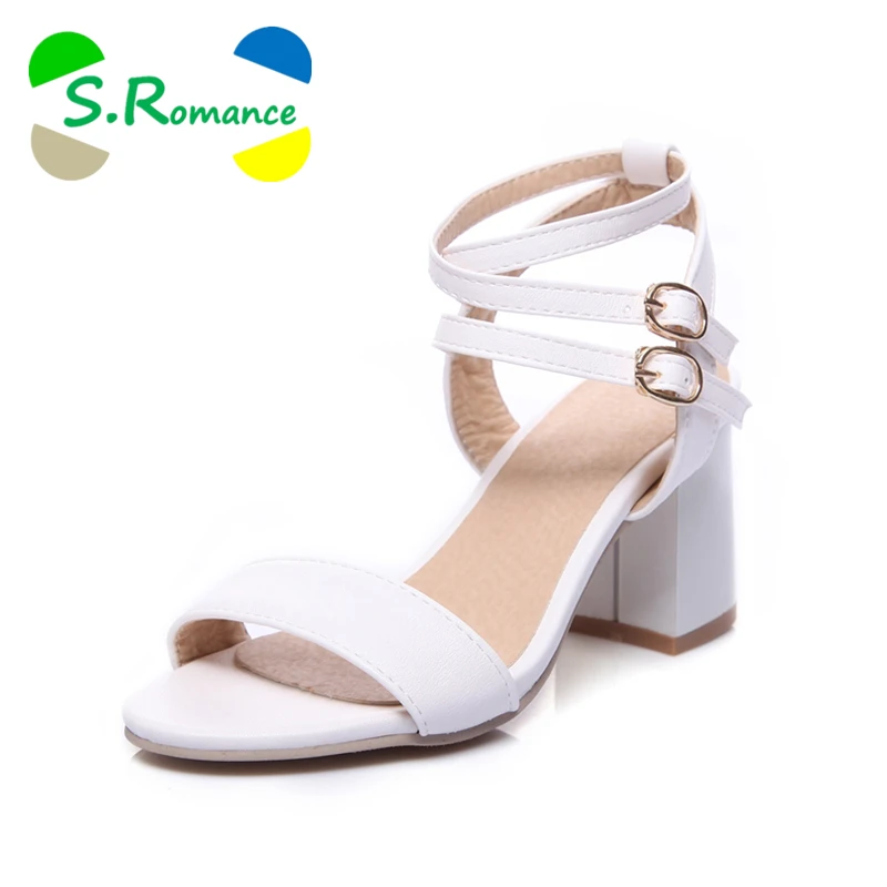 S.Romance Women Sandals Plus Size 34 43 High Heel Fashion Buckle Strap