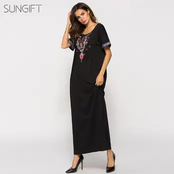 

SUNGIFT African Dress For Women Dashiki African Print Embroidered Muslim Maxi Robe Crew Neck 2019 Summer Black Muslim Dresses