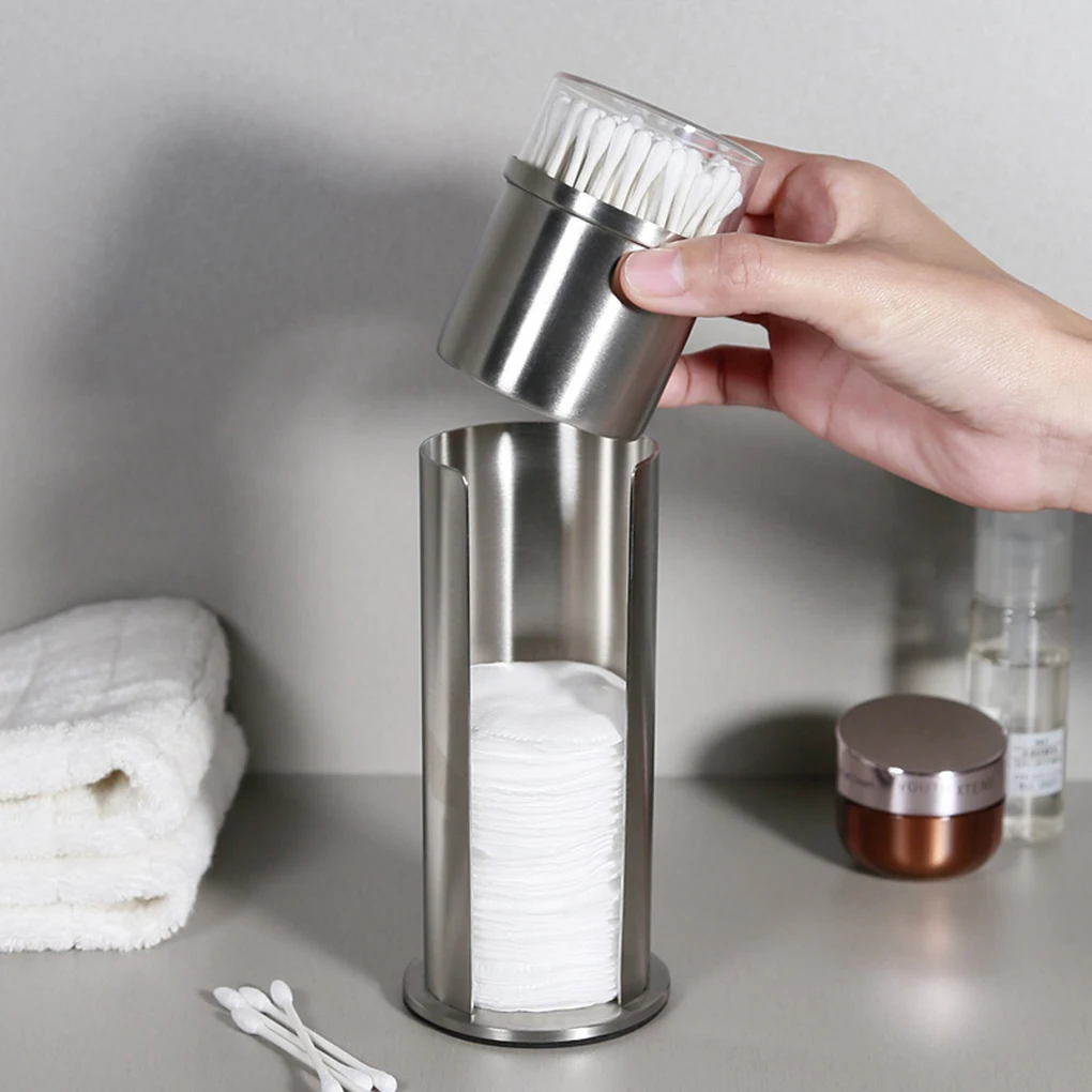

Cotton Swab Organizer Stainless Steel Round Make up Remover Cotton Pad Dispenser Double Layer Container