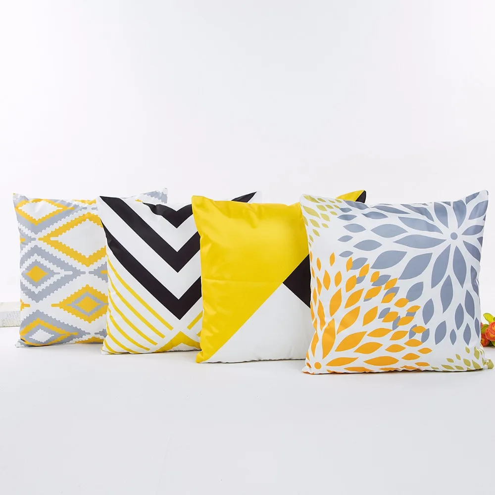 Yellow Color Geometric Cushion Covers 45X45cm Plaid Wavy Stripe Flower