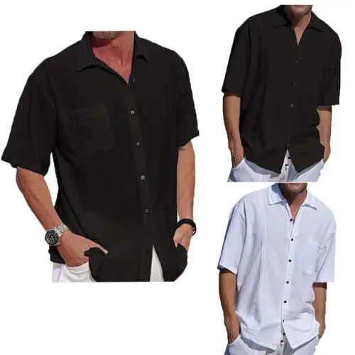 الرجال قصيرة الأكمام قميص أبيض فضفاض عارضة اليومية قميص تنفس لينة بدوره إلى أسفل طوق الشاطئ عطلة ShirtsTops