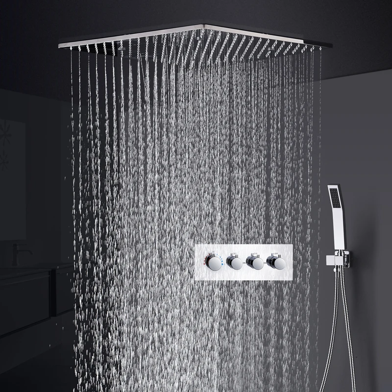 

Fashion Thermostatic Shower Faucet 20'' Complete Shower Set Overhead Big Rain Spray Square Mist Shower
