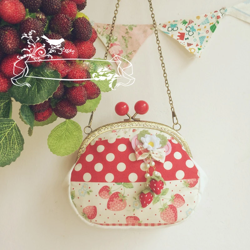 

Lolita Mori Girl Strawberry Dot Print Messenger Bag Kawaii Women's Kawaii Handbags Shoulder Bag Flower Strawberry Bow Decorate