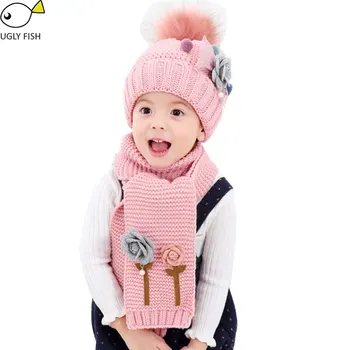 

hat and scarf set for children girls winter hat set knitted with flowers winter hats for kids pompom hat scarf set