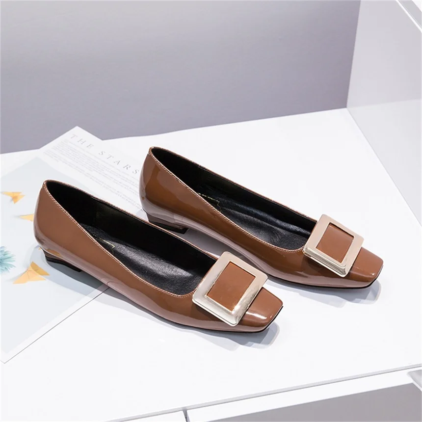 Женская обувь с квадратной пряжкой; удобная обувь из натуральной кожи с квадратным носком на толстом каблуке; нескользящая Повседневная офисная обувь - Цвет: brown 2.5cm
