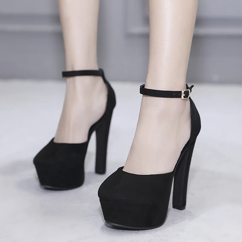 2019 Spring Autumn Suede Shoes Women Fashion High Heels 14cm Spike Heels Ankle Strap Black Beige Platform Pumps Party Shoes