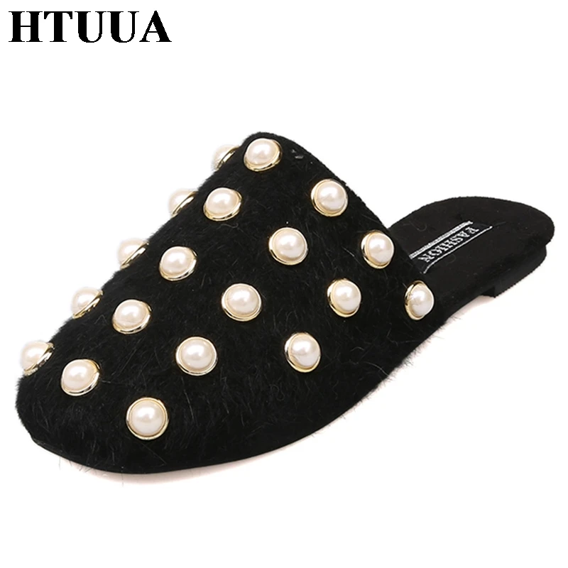 

HTUUA Autumn Fashion Pearl Furry Slippers Women Flat Mules Shoes Fur Slides Outdoor Indoor Home Slipper Ladies Flip Flops SX1572
