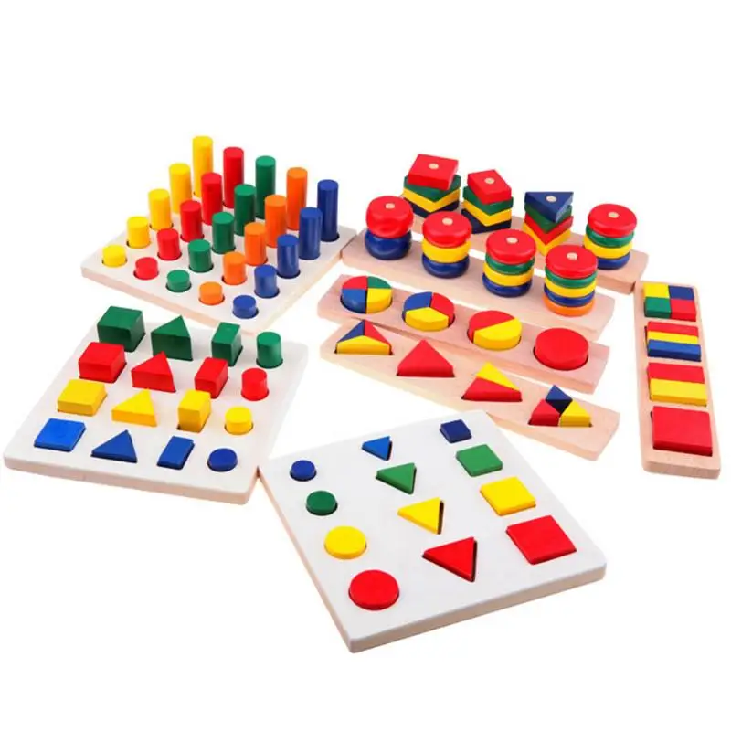 8pcs/set Montessori Kids Educational Toy 3D Wooden Teaching Aids Geometric Shape Cognitive Matching Puzzles Color Sorting Board