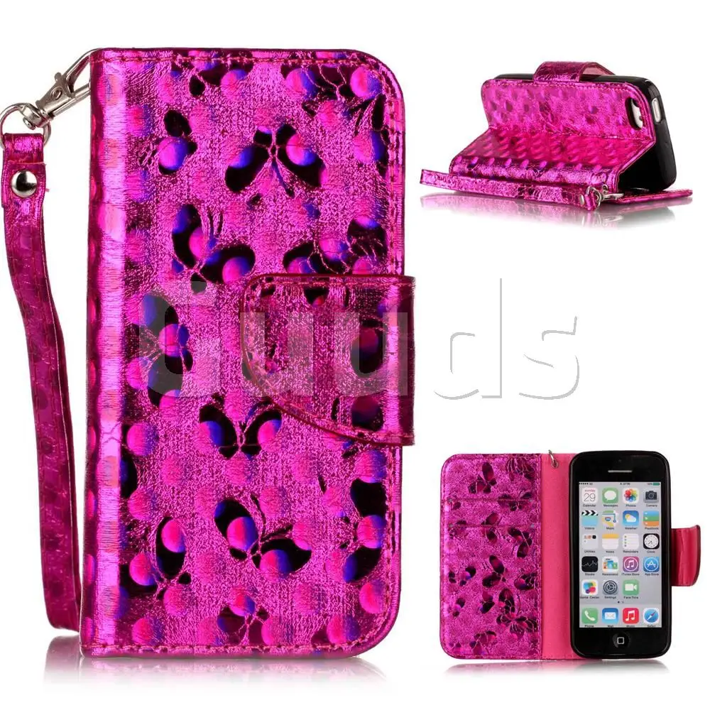 Luxury Laser Butterfly Optical Maser Leather Wallet Case for iPhone 5c - Rose