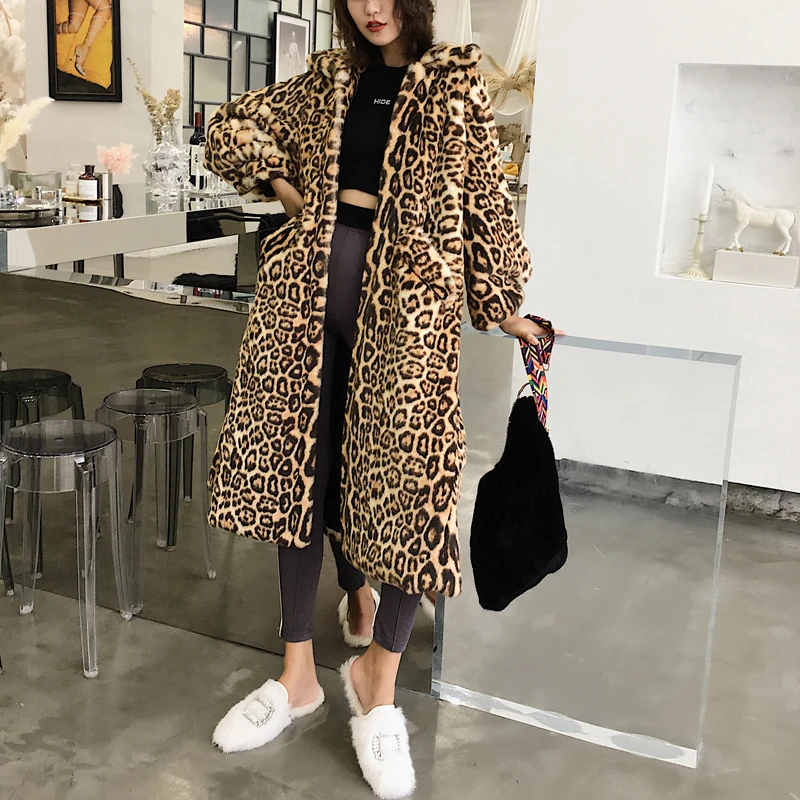 Chic X Long Leopard Faux Fur Coat Jacket Winter Fashion New Pocket Outerwear Thick Warm Cozy Faux Mink Fur Overcoat Female