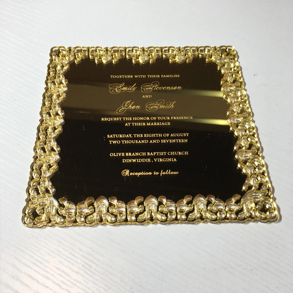  Romantic Luxury 150x150mm Square Shape Hollow Out Pattern Golden Mirror Acrylic Wedding Invitations - 32826509602