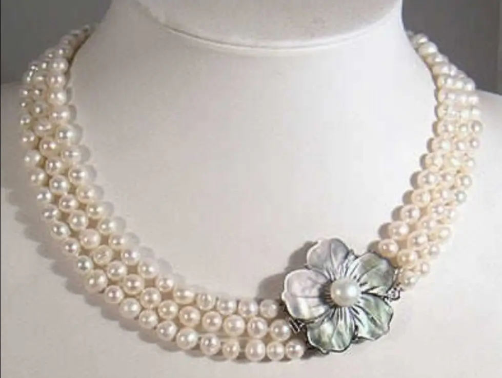 

shipping 3 Rows 7-8mm White Akoya Pearl Necklace Shell Clasp