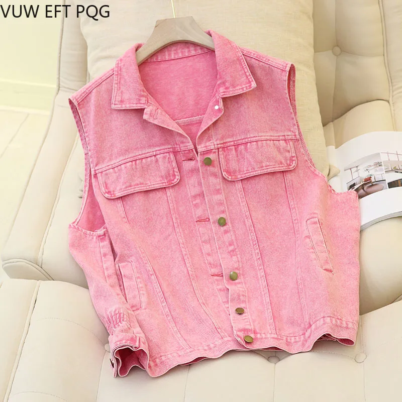 

2019 New Sweet Girl Candy Color Casual Women's Jeans Vest Denim Slim Short Female Vest Sleeveless Jacket Waistcoat