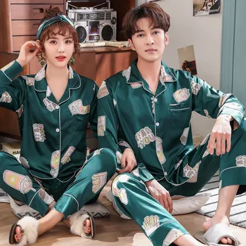 

Couples Silk Satin Pajamas Sets for Women Spring Autumn Long Sleeve Print Sleepwear Men Loungewear Homewear Pijama Mujer Clothes