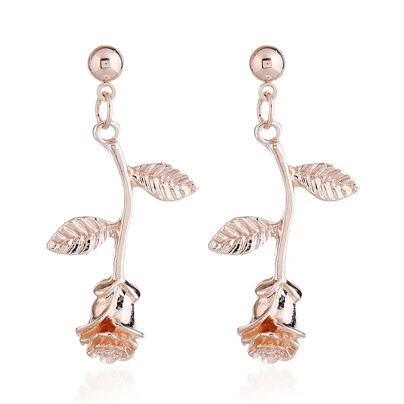 Fashion Womens Alloy Flower Rose Drop Metal Simple Floral Earrings Jewelry For Girls