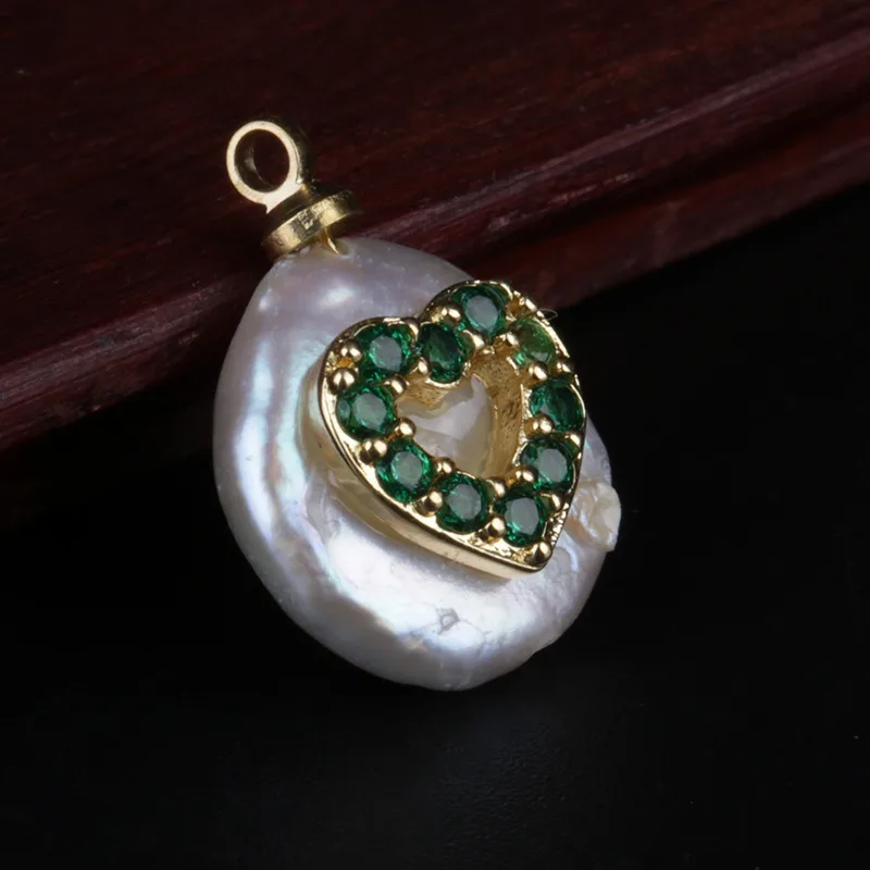 

gold tiny mirco pave green blue cz heart charms freshwater pearl bead pendant charm for diy jewelry making for choker earring