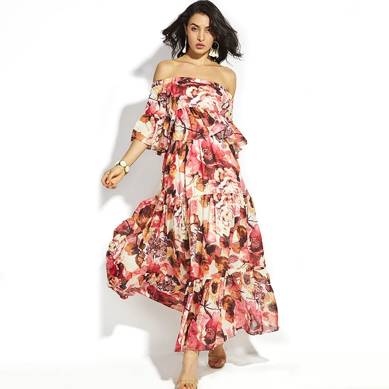 Plus size long red dress with shoulder ruffles women