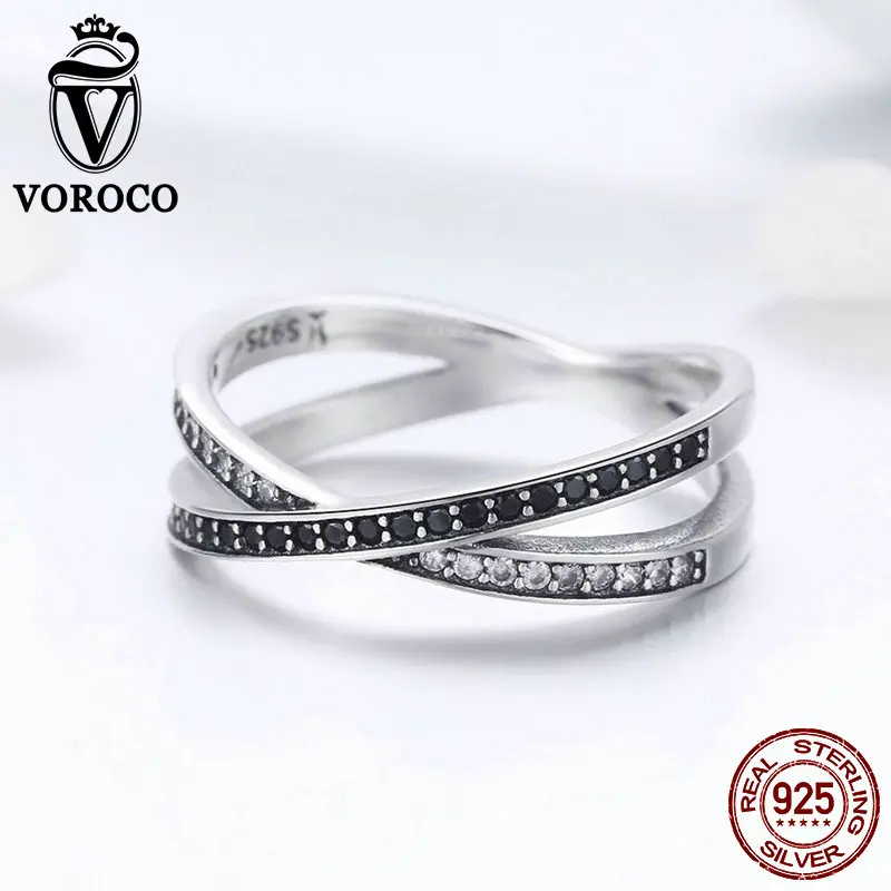 VOROCO подлинные 925 пробы серебряные свадебные черные круглые кольца на Пальцы для женщин Искрящийся Кристалл Свадебные ювелирные изделия подарок BKR439