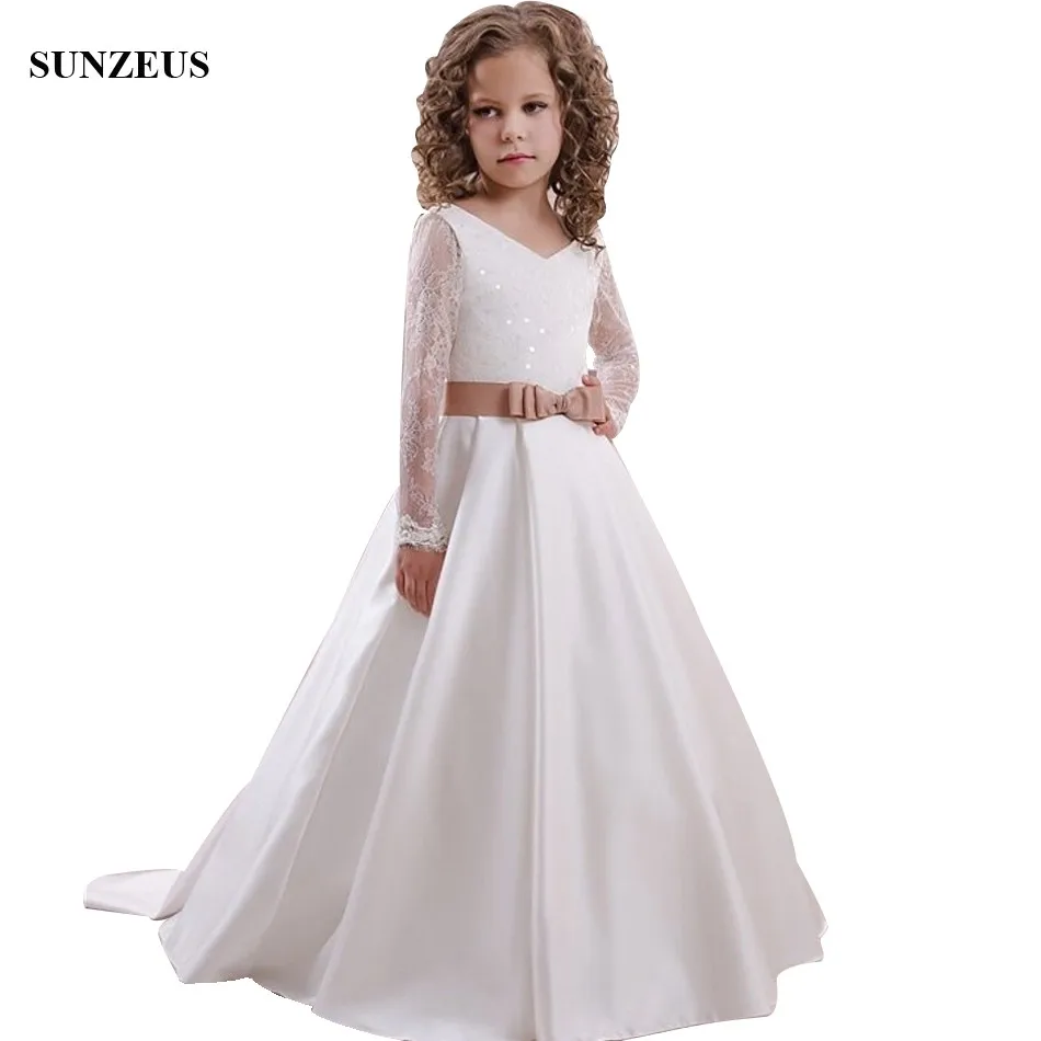 Lace Long Sleeve Flower Girl Dresses With Sequins A line V neck Long