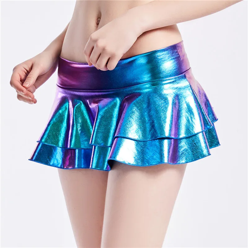 Новое поступление, сексуальная женская двухслойная длинная юбка цвета металлик, низкая талия, мини-юбка, для ночного клуба, танцев, вечеринки, облегающая блестящая юбка