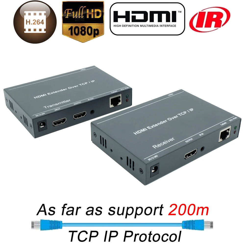 HDMI разветвитель через IP удлинитель 200 м CAT5 CAT5e CAT6 RJ45 Ethernet Кабель HDBitT LAN передатчик