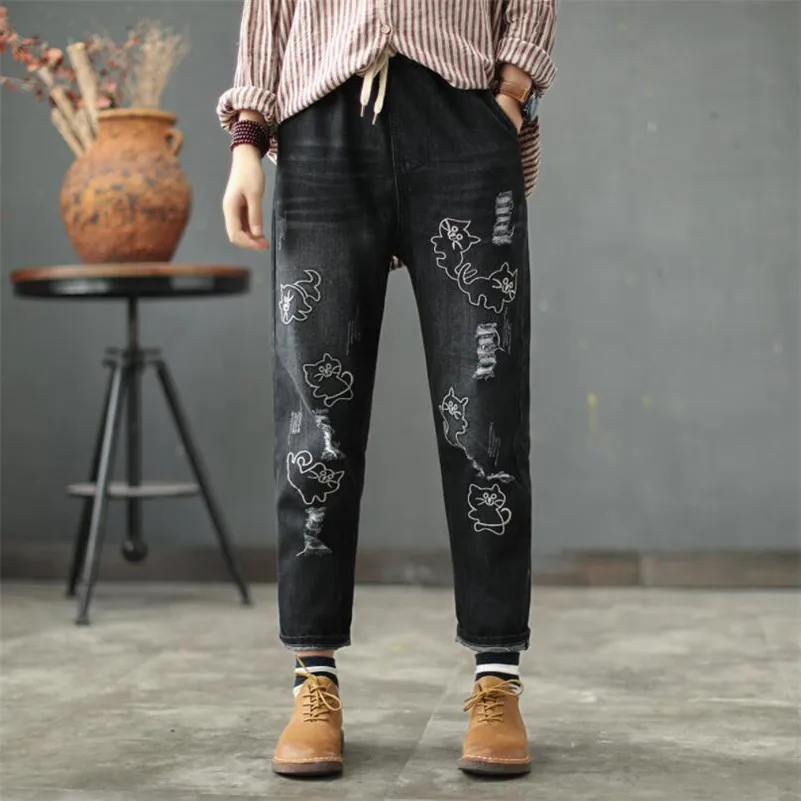 Осень 2019 г. Новый Винтаж вышитые cat джинсы для женщин женские эластичный пояс Frazzle джинсовые шаровары для повседневные штаны w541