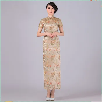 

Gold Chinese Traditional Dress Women Satin Qipao Dragon Phenix Long Cheongsam Plus Size S M L XL XXL XXXL 4XL 5XL 6XL LF-02