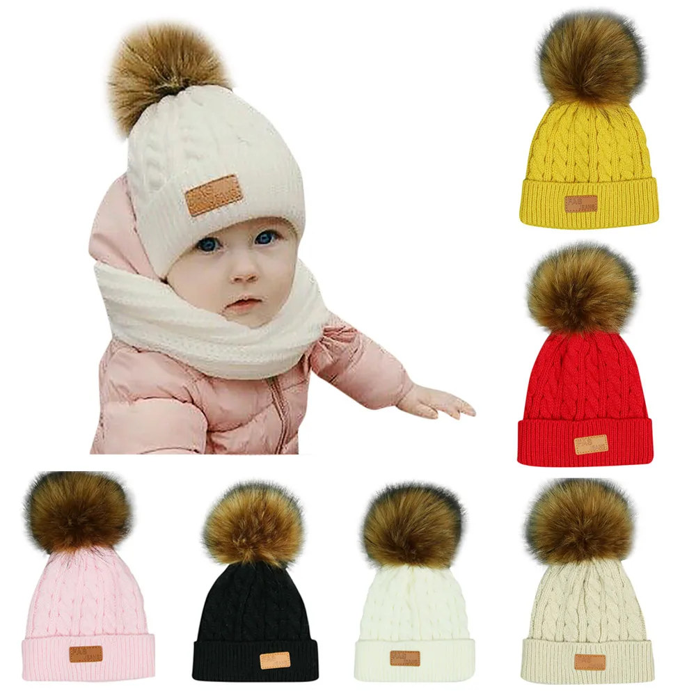 Милые детские зимние шапки для маленьких мальчиков и девочек, теплая вязаная шапка «кроше», детская шапка с меховым помпоном, шапочка для новорожденных
