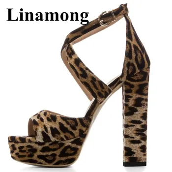 

2018 Top Fashion Sexy Leopard Square Heel High Heel Open Toe Cover Heel 3.5cm Platform Buckle Strap Summer Hottest Women Sandals