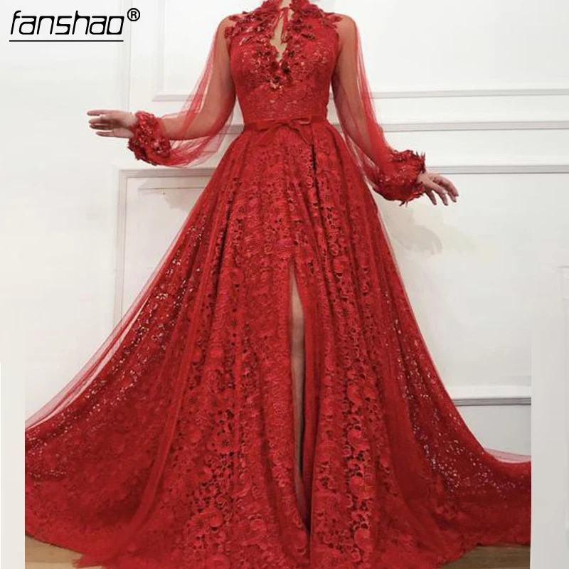 

Formal Red Muslim Evening Dresses 2019 A-line High Slit Beaded Dubai Saudi Arabic Long Evening Gown Prom Dress