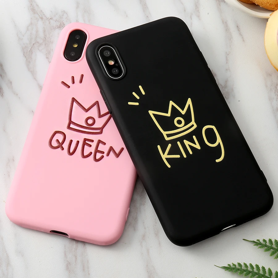 

Phone Case For iPhone 6 6s 7 8 Plus X XR XS Max Cute Cartoon Couple Pink Queen Black King Soft TPU Case For iPhone 5 5S SE Cover