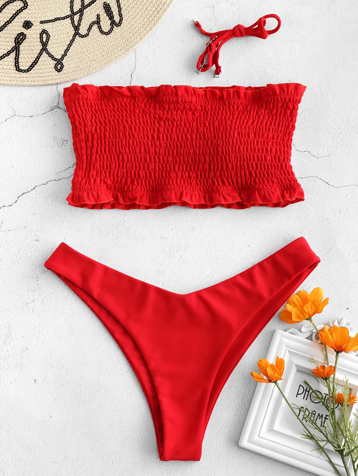 ZAFUL, сексуальный купальник, пляжный костюм, с оборками, со сборками, бандо, комплект бикини, купальный костюм, без бретелек, мягкий женский купальник, пляжная одежда - Цвет: Lava Red