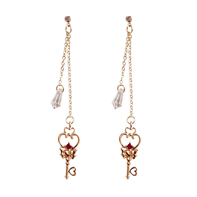 

Sailor Moon Gold Line Tassles White Crystal Long Key Shape Drop Earrings For Women Girls Cosplay Gifts