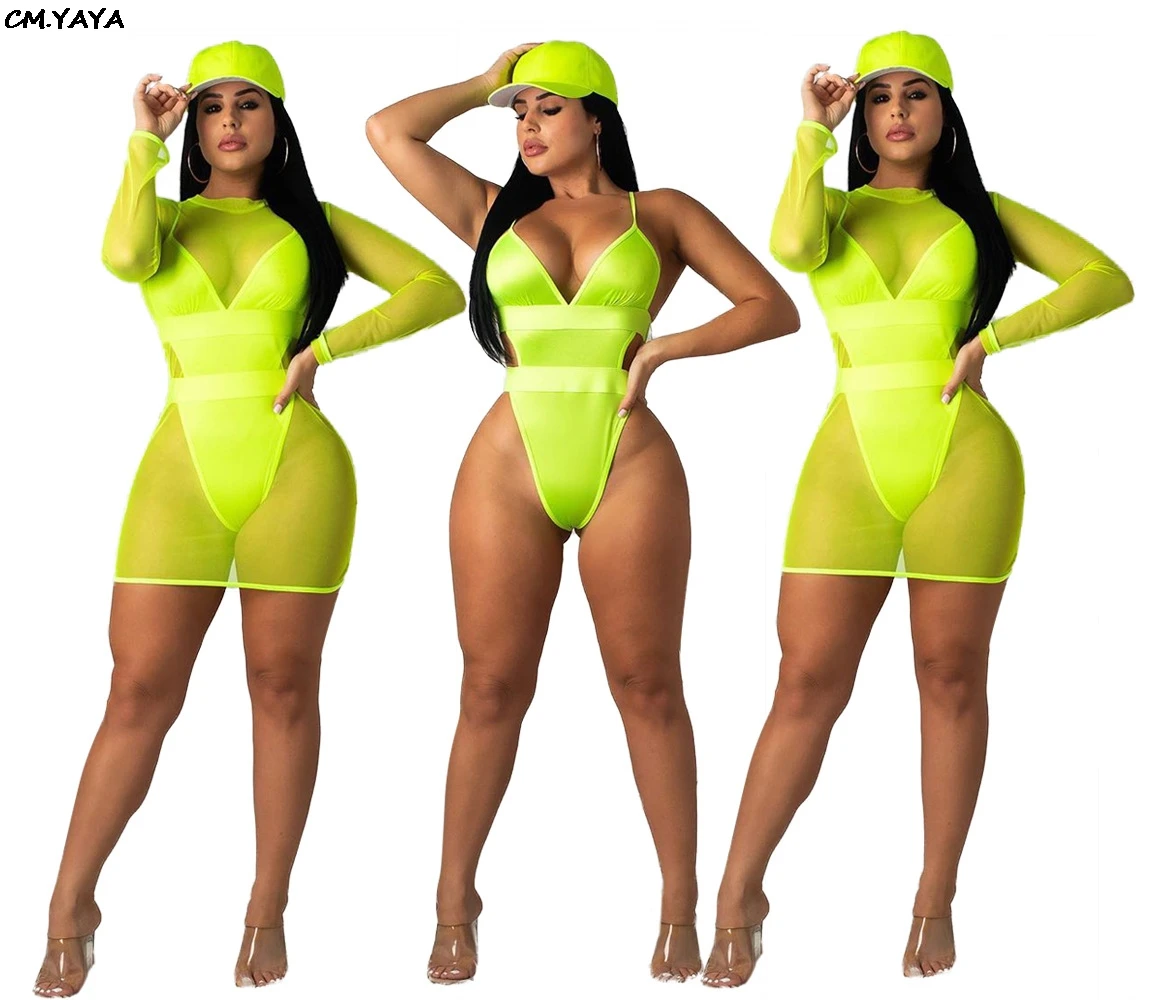 

2019 women new summer o-neck mesh see though mini midi dress & spaghetti strap v-neck bodysuit two piece set tracksuit ZH5096