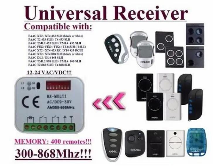 

Receiver Compatible with FAAC 433,92Mhz - 868,3Mhz remote controls and receivers beautiful