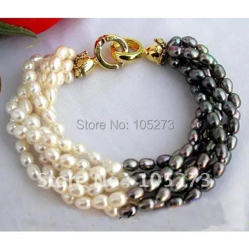 

6ROWS 8'' 7MM RICE SHAPER WHITE AND BLACK COLOR FRESHWATER PEARL BRACELET BEAUTIFUL CLASP WHOLESALE NEW FREE SHIPPING FN1071