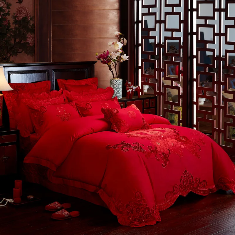4/6/9Pcs 100 Cotton chinese wedding Luxury Bedding Set Embroidery Bed