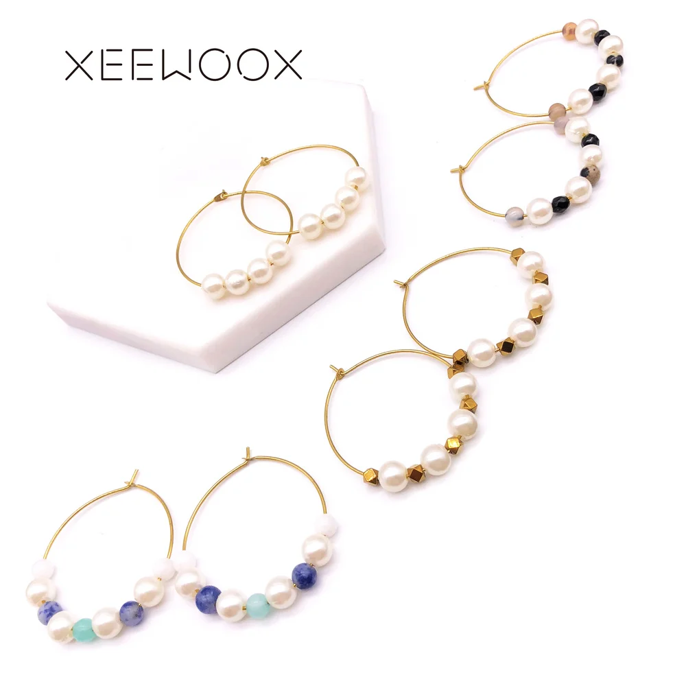 

Circular Water Drop Pearl Bohemia Hoop Earrings Woman Statement Hoop Earring Gold Color XEEWOOX Design Party Gift Earring