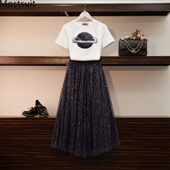 

Plus Size Summer Two Piece Sets Women Short Sleeve T-shirts And Shiny Pleated Skirt Suits Casual Elegant Fashion Women's Sets
