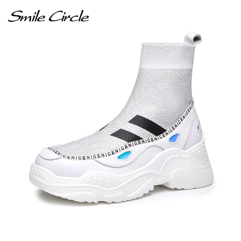 

Smile Circle knit Sock Ankle Boots women Wedge Sneakers Breathable Thick bottom Flat Platform Shoes High-top Chunky Sneaker