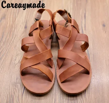 

Careaymade-2020 new head layer cowhide pure handmade weave shoes, the retro art mori girl shoes,Women's casual flta lSandals